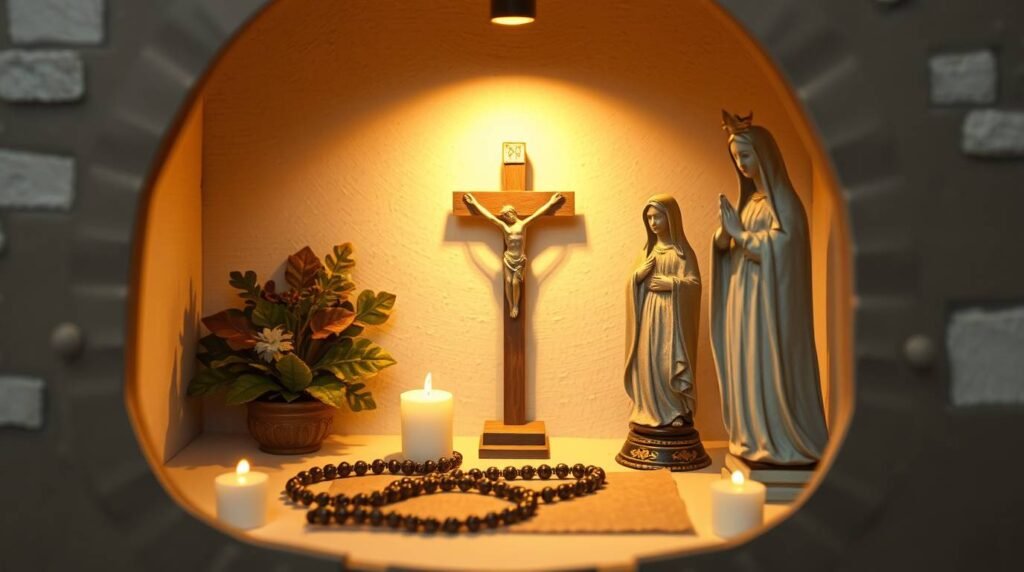 Bild von Jesus am Kreuz, Kerzen, ein Rosenkranz und Tonfiguren der Heiligen an einem zum Gebet geschaffenen Ort in einem Raum.