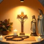 Bild von Jesus am Kreuz, Kerzen, ein Rosenkranz und Tonfiguren der Heiligen an einem zum Gebet geschaffenen Ort in einem Raum.