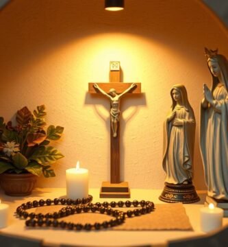 Bild von Jesus am Kreuz, Kerzen, ein Rosenkranz und Tonfiguren der Heiligen an einem zum Gebet geschaffenen Ort in einem Raum.