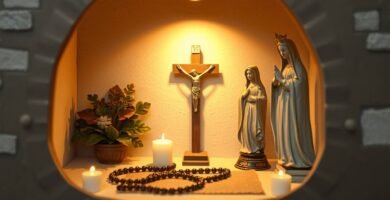 Bild von Jesus am Kreuz, Kerzen, ein Rosenkranz und Tonfiguren der Heiligen an einem zum Gebet geschaffenen Ort in einem Raum.