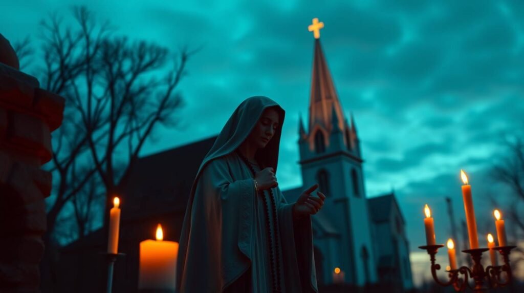 Nachtaufnahme der Außenansicht einer Kirche mit einem Mann, der um Kerzen herum betet