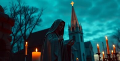Nachtaufnahme der Außenansicht einer Kirche mit einem Mann, der um Kerzen herum betet