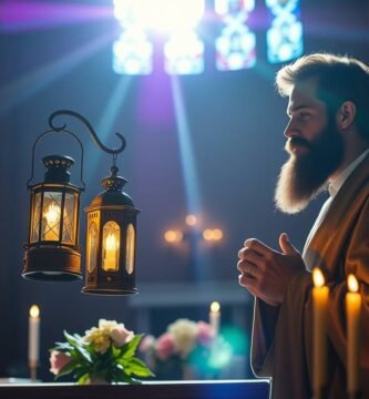 Bild eines Priesters, der im Morgengrauen in einer Kirche betet, die von durch das Fenster einfallenden Strahlen erleuchtet wird.