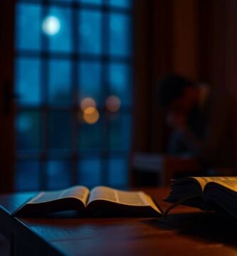 Bild einer Kerze mit einer Bibel im Vordergrund und einem unscharfen Hintergrund, der einen Mann zeigt, der in einem dunklen Raum betet.