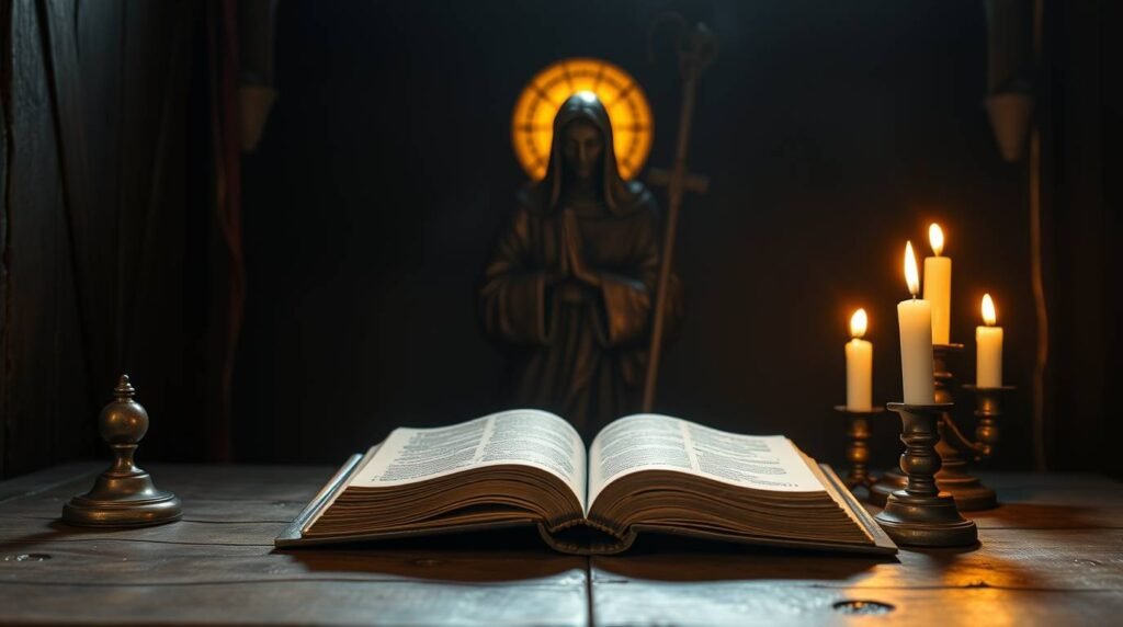 Bild einer offenen Bibel auf einem Tisch neben einigen Kerzen mit dem Bild von Jesus und einem Kreuz im Hintergrund