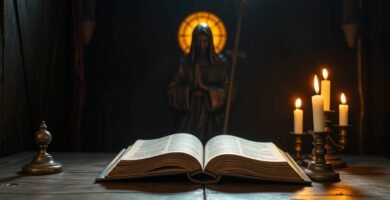 Bild einer offenen Bibel auf einem Tisch neben einigen Kerzen mit dem Bild von Jesus und einem Kreuz im Hintergrund