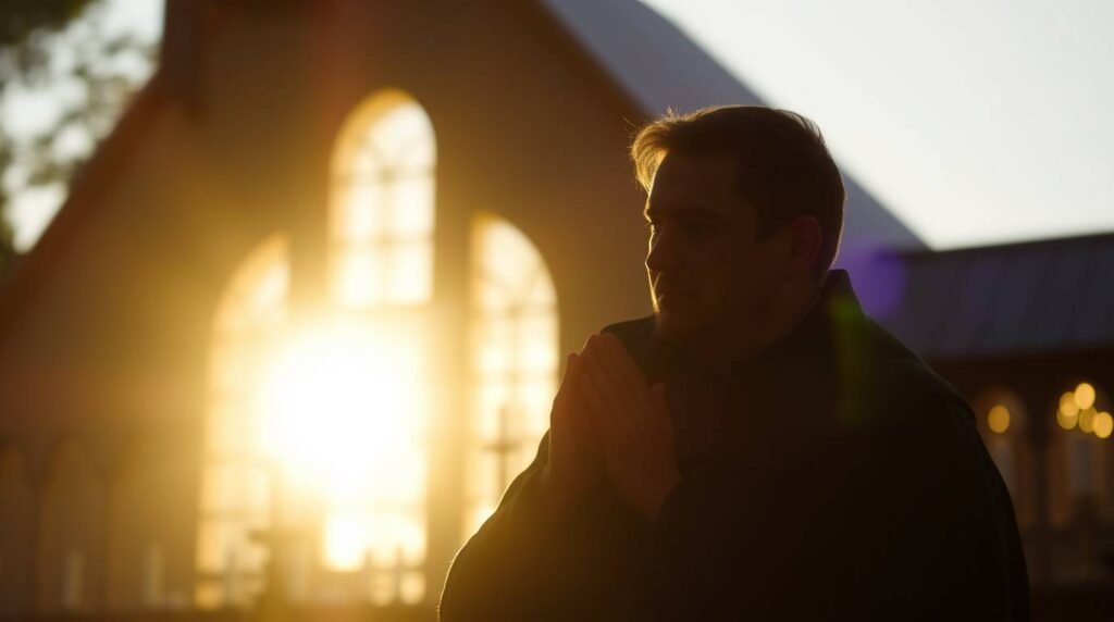 Bild eines Mannes, der bei Sonnenuntergang in der Nähe einer Kirche betet