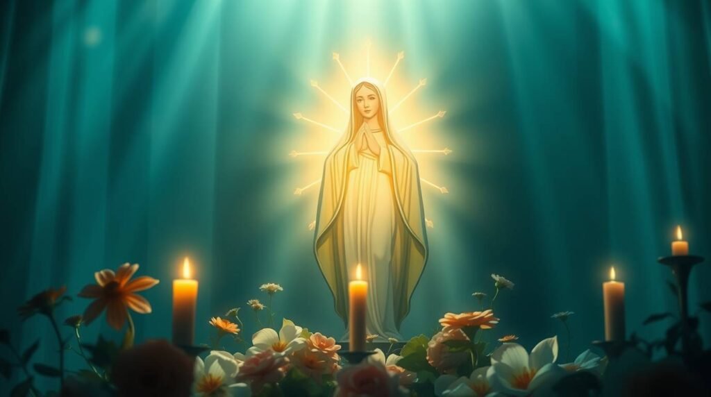 Bild von Maria an einer Wand mit einem goldenen Licht dahinter mit Blumen und Kerzen im Vordergrund des Bildes