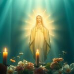 Bild von Maria an einer Wand mit einem goldenen Licht dahinter mit Blumen und Kerzen im Vordergrund des Bildes