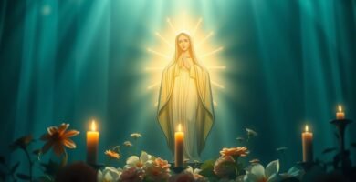 Bild von Maria an einer Wand mit einem goldenen Licht dahinter mit Blumen und Kerzen im Vordergrund des Bildes