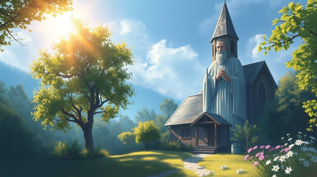 Bild eines Hauses auf dem Land, das vom Licht der Morgendämmerung in einer mystischen und religiösen Aura erleuchtet wird