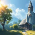 Bild eines Hauses auf dem Land, das vom Licht der Morgendämmerung in einer mystischen und religiösen Aura erleuchtet wird