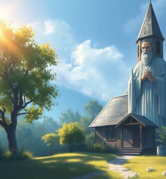 Bild eines Hauses auf dem Land, das vom Licht der Morgendämmerung in einer mystischen und religiösen Aura erleuchtet wird