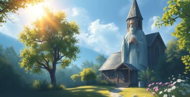 Bild eines Hauses auf dem Land, das vom Licht der Morgendämmerung in einer mystischen und religiösen Aura erleuchtet wird