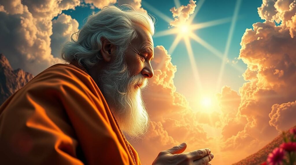 Bild eines alten Mannes, der mit einem klaren Himmel im Hintergrund in einer mystischen und religiösen Aura betet