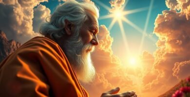 Bild eines alten Mannes, der mit einem klaren Himmel im Hintergrund in einer mystischen und religiösen Aura betet
