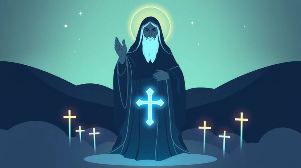 Blaues Cartoon-Bild eines alten Mannes mit dem Symbol des Kreuzes