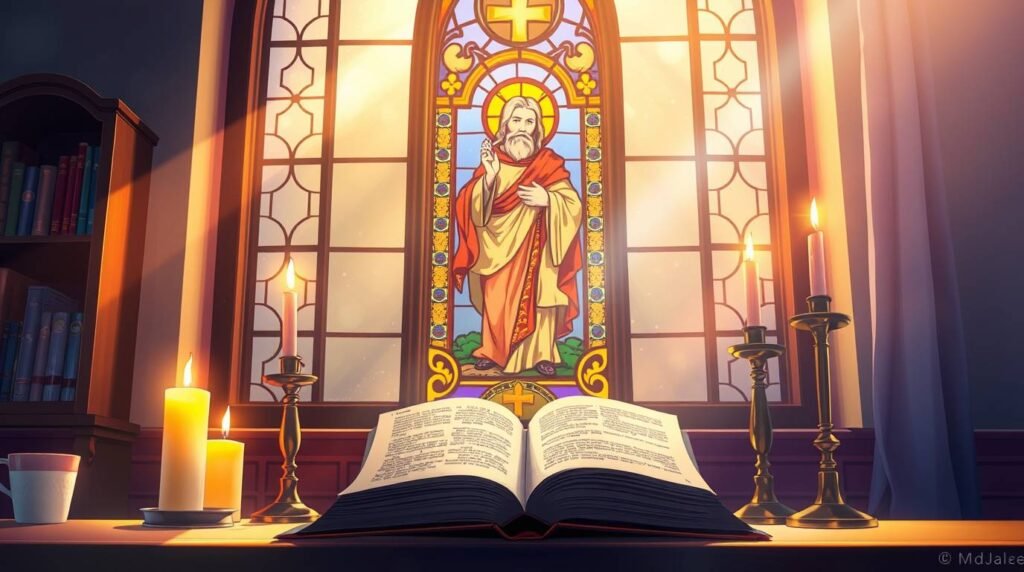 Bild einer offenen Bibel neben dem Bild von Jesus, Kerzen darum herum und Sonnenlicht, das durch das Fenster fällt.