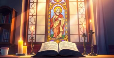 Bild einer offenen Bibel neben dem Bild von Jesus, Kerzen darum herum und Sonnenlicht, das durch das Fenster fällt.