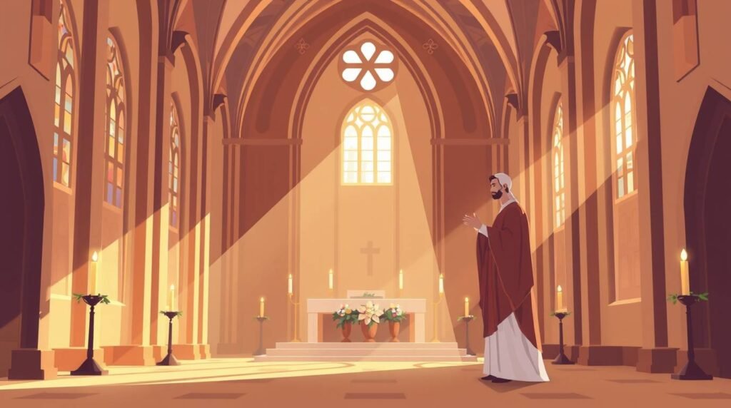 Cartoon-Bild eines Mannes, der in einer Kirche betet, die von Sonnenlicht erhellt wird, das durch die Fenster fällt