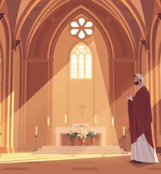 Cartoon-Bild eines Mannes, der in einer Kirche betet, die von Sonnenlicht erhellt wird, das durch die Fenster fällt