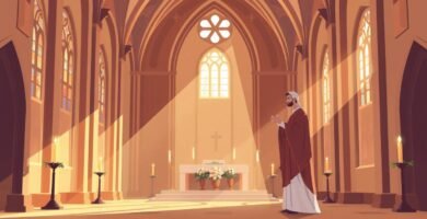 Cartoon-Bild eines Mannes, der in einer Kirche betet, die von Sonnenlicht erhellt wird, das durch die Fenster fällt