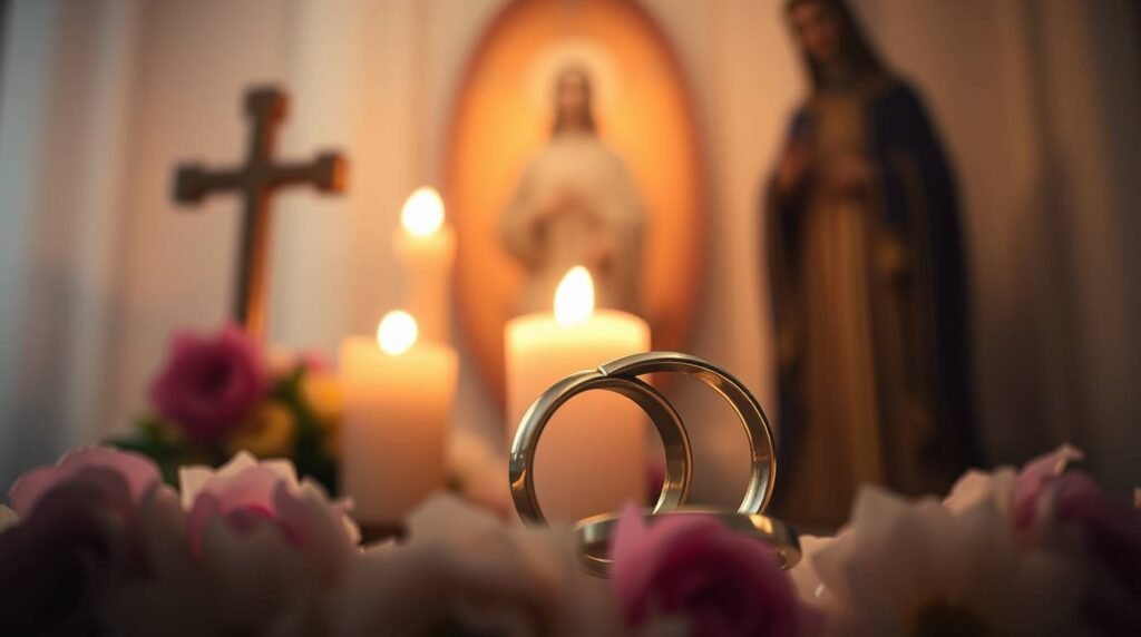 Bild von zwei Eheringen im Vordergrund mit Jesus und den Heiligen neben Kerzen im unscharfen Hintergrund.