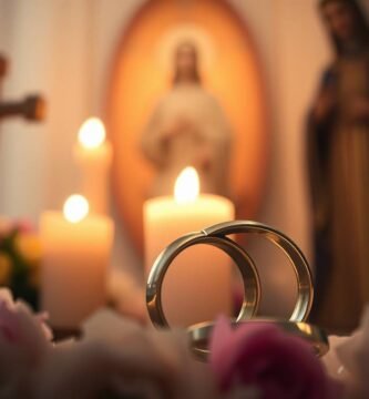Bild von zwei Eheringen im Vordergrund mit Jesus und den Heiligen neben Kerzen im unscharfen Hintergrund.