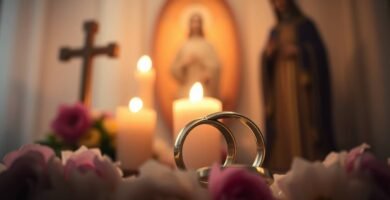 Bild von zwei Eheringen im Vordergrund mit Jesus und den Heiligen neben Kerzen im unscharfen Hintergrund.