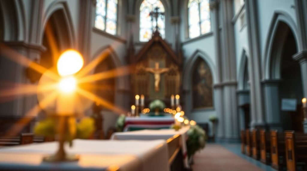 Unscharfes Bild des Innenraums einer Kirche mit einer brennenden Kerze im Vordergrund
