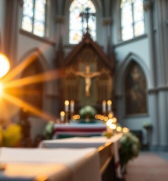 Unscharfes Bild des Innenraums einer Kirche mit einer brennenden Kerze im Vordergrund