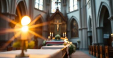Unscharfes Bild des Innenraums einer Kirche mit einer brennenden Kerze im Vordergrund