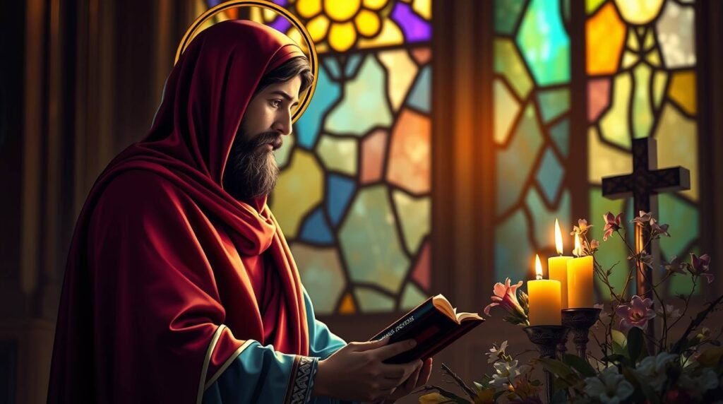 Bild eines Mannes in Ordenstracht, der mit einer Bibel in der Hand vor einem Altar in einer Kirche betet