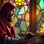 Bild eines Mannes in Ordenstracht, der mit einer Bibel in der Hand vor einem Altar in einer Kirche betet