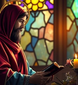 Bild eines Mannes in Ordenstracht, der mit einer Bibel in der Hand vor einem Altar in einer Kirche betet
