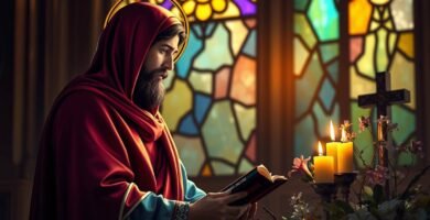 Bild eines Mannes in Ordenstracht, der mit einer Bibel in der Hand vor einem Altar in einer Kirche betet