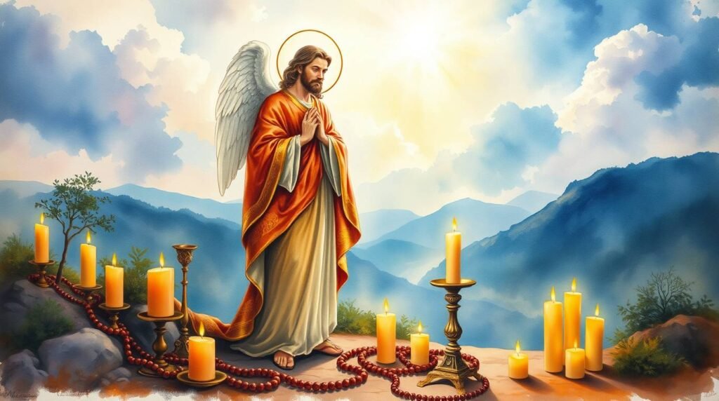 Bild von Jesus auf dem Feld neben einigen Kerzen