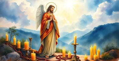 Bild von Jesus auf dem Feld neben einigen Kerzen