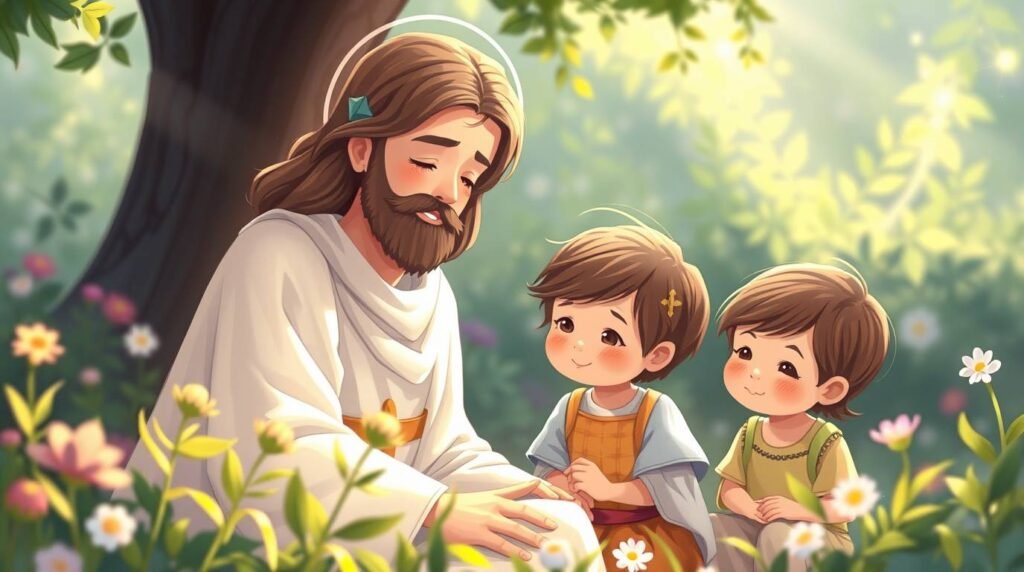 Cartoon-Stil Bild von Jesus mit einigen Kindern sitzen im Wald