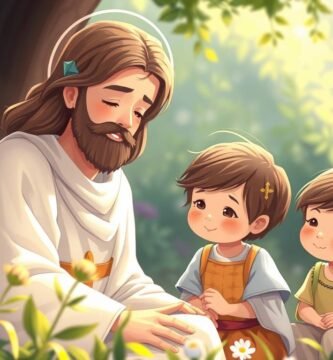 Cartoon-Stil Bild von Jesus mit einigen Kindern sitzen im Wald