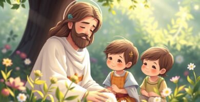 Cartoon-Stil Bild von Jesus mit einigen Kindern sitzen im Wald