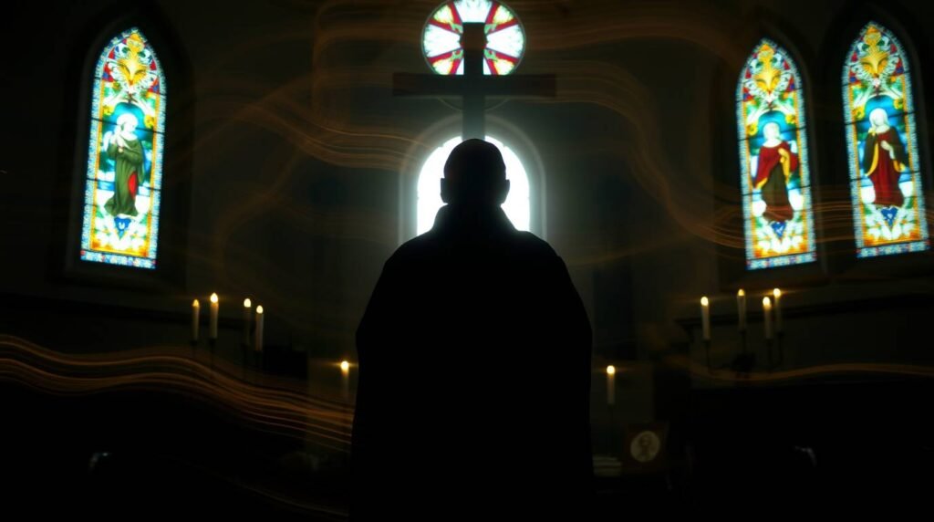 Bild eines Priesters, der mit dem Rücken zum Kreuz in einer Kirche in einem dunklen Raum betet