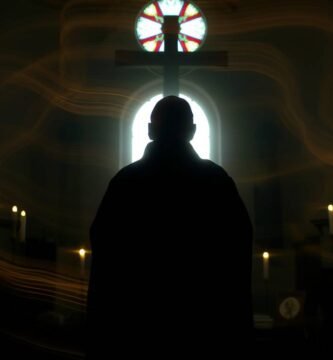 Bild eines Priesters, der mit dem Rücken zum Kreuz in einer Kirche in einem dunklen Raum betet