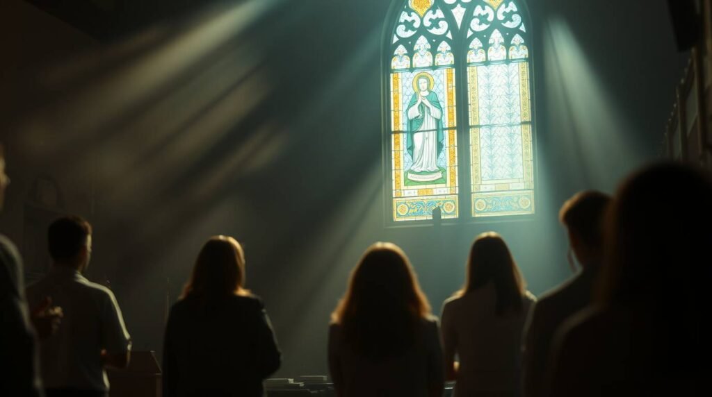 Bild einer Gruppe von Menschen, die in einer Kirche zum Marienbild in einem Fenster beten, das den Raum erhellt