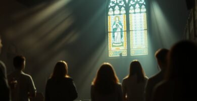 Bild einer Gruppe von Menschen, die in einer Kirche zum Marienbild in einem Fenster beten, das den Raum erhellt