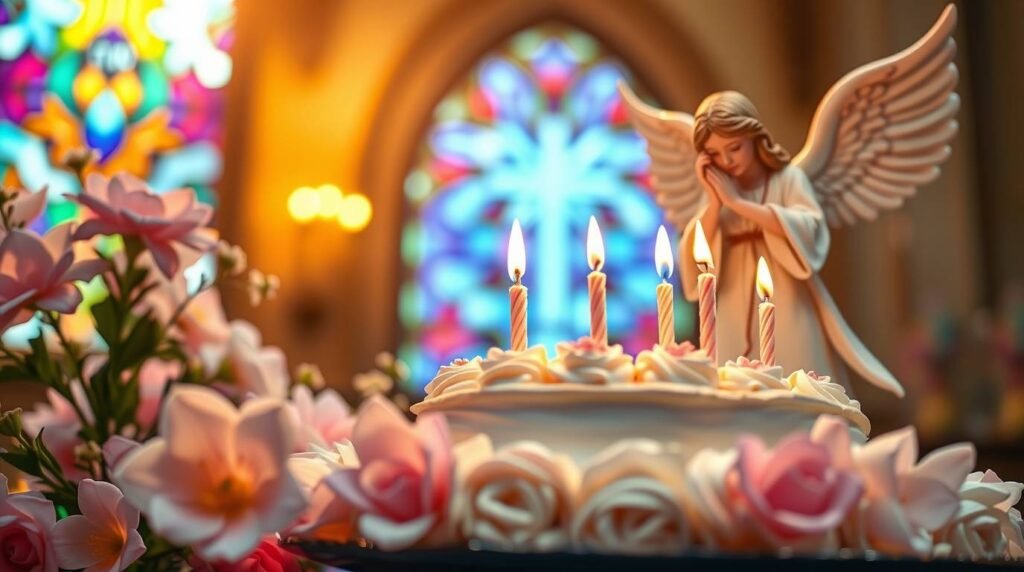 Bild einer Geburtstagstorte neben Blumen und der Figur eines Engels mit einer Kirche im unscharfen Hintergrund