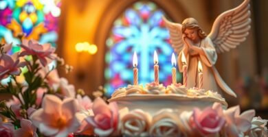 Bild einer Geburtstagstorte neben Blumen und der Figur eines Engels mit einer Kirche im unscharfen Hintergrund