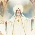 Zeichnung eines weiß gekleideten Priesters mit ausgebreiteten Armen in einer Kirche.