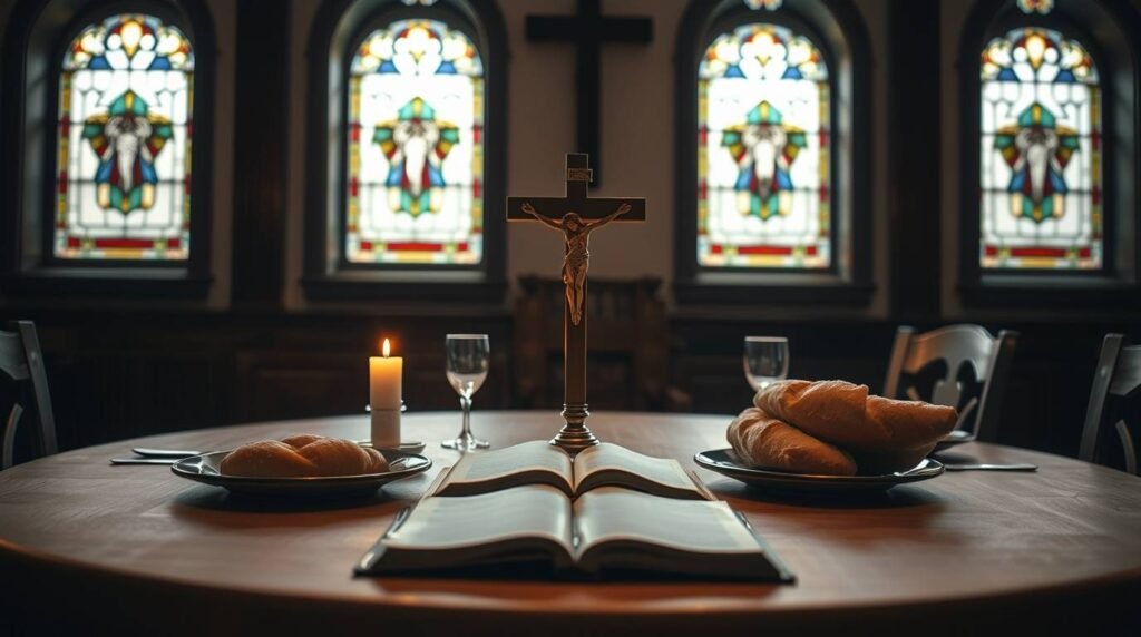Bild eines Tisches mit Essen, brennenden Kerzen und einem Kreuz vor einem Hintergrund aus Fenstern voller christlicher Symbolik.