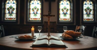 Bild eines Tisches mit Essen, brennenden Kerzen und einem Kreuz vor einem Hintergrund aus Fenstern voller christlicher Symbolik.